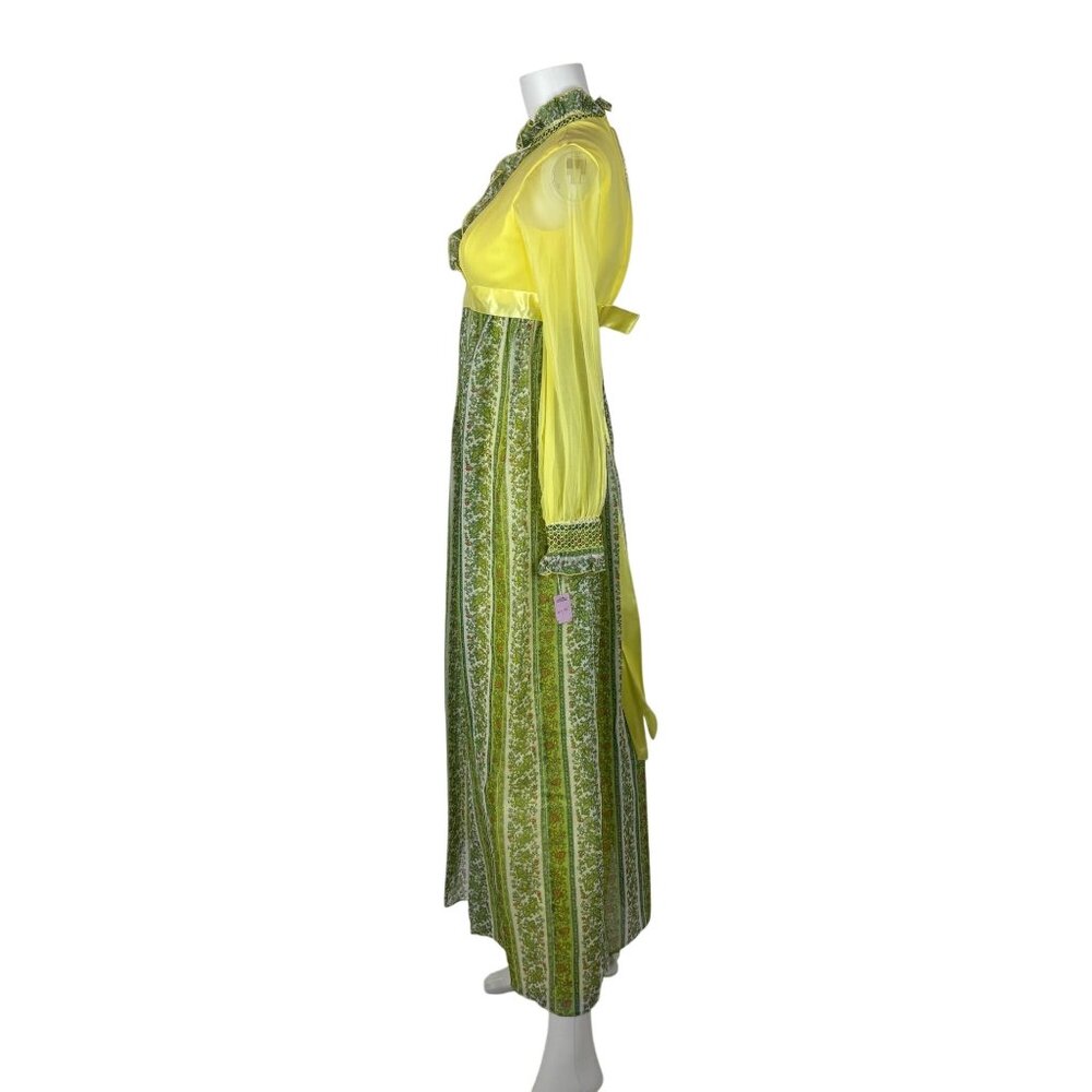 Vintage 70s Maxi Dress Juniors Sheer Yellow Chiffon Sleeves Printed Skirt Bow - Picture 8 of 13